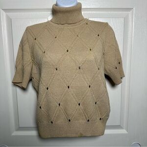 St. John Women's Small Petite Beige Gold Studs  Sweater Diamond Knit Turtleneck